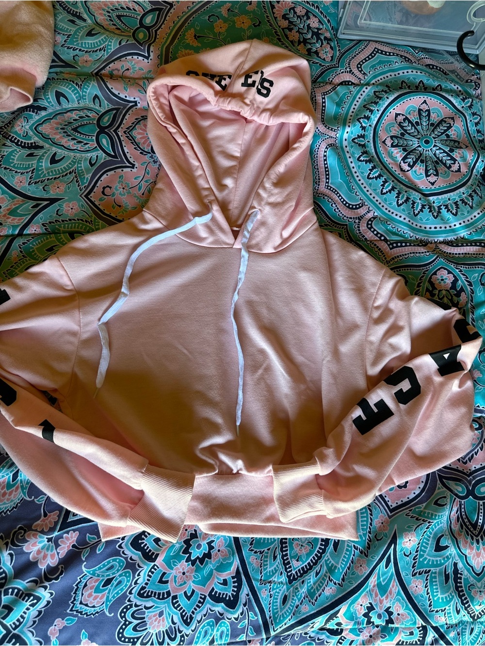 SHEIN Light Pink Cropped Hoodie with Black Lettering